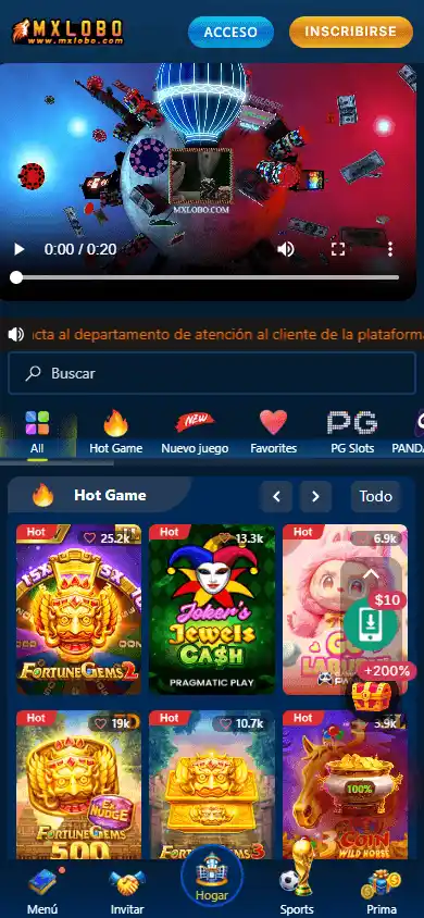 Captura aportada del lobby móvil de MXLOBO con tres juegos por fila